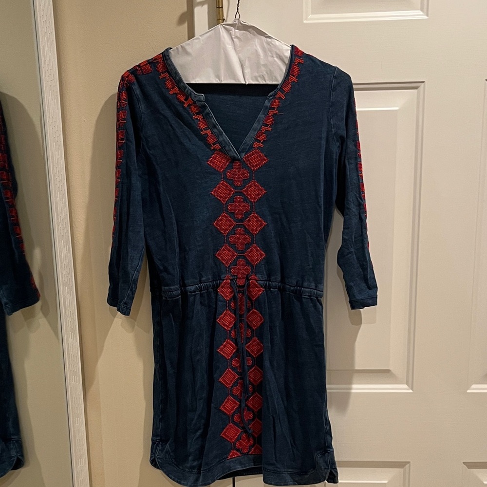 Lucky Brand Blue mini dress with Red Cross stitch